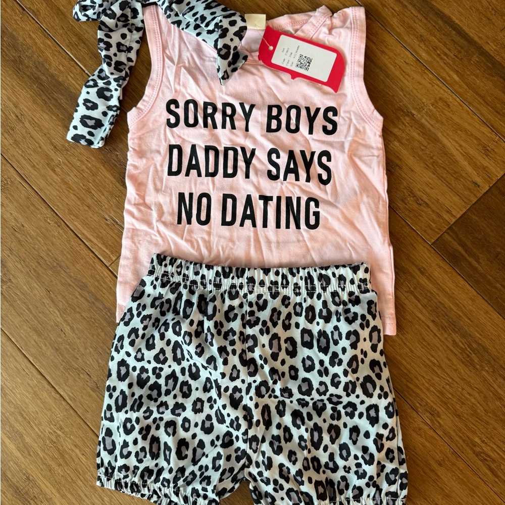 9-12M “Sorry Boys Daddy Says No Dating” Pink and Leopard Print Toddler Outfit
